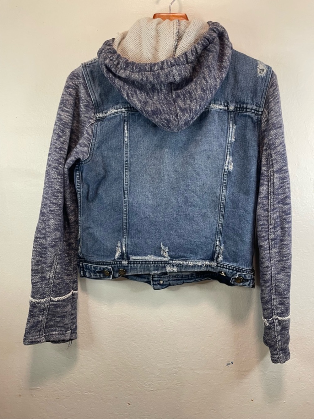 Free People Blue Denim Jacket with Heathered Gray Knit Sleeves - Picture 3 of 12
